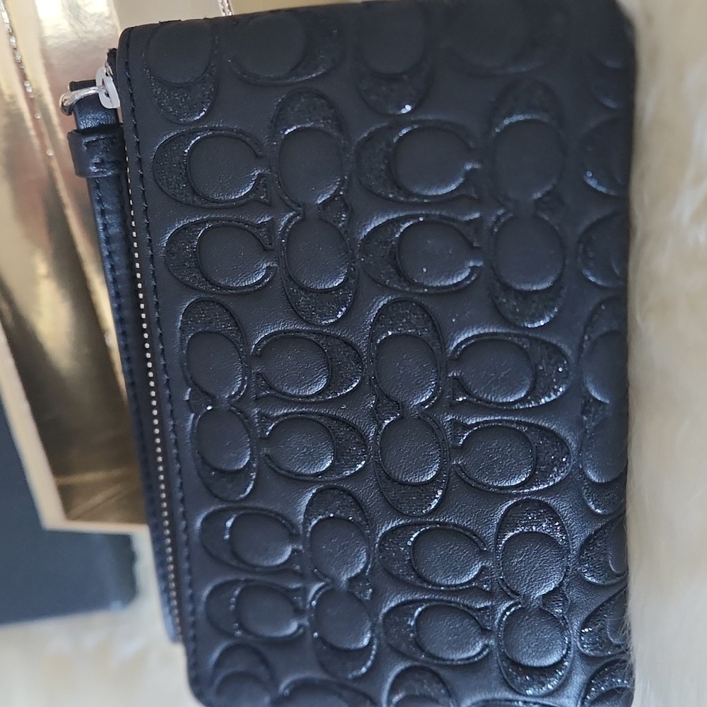 NWT IOB Coach Boxed Glitter Leather Signature Corner Zip Wristlet Wallet 🖤🎁🩶 - Picture 5 of 16